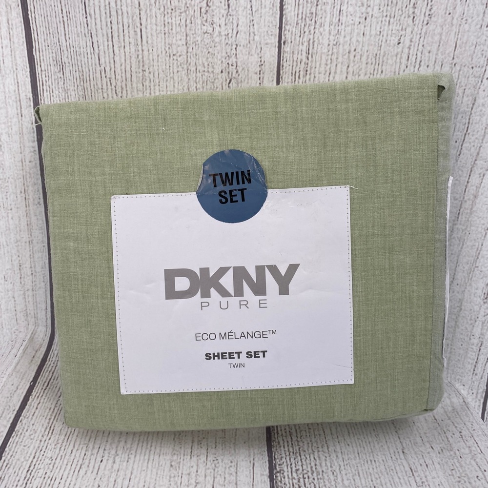 DKNY Sheet Set Twin Sage Green Pure Eco Melange Cotton Blend Heathered Earthy